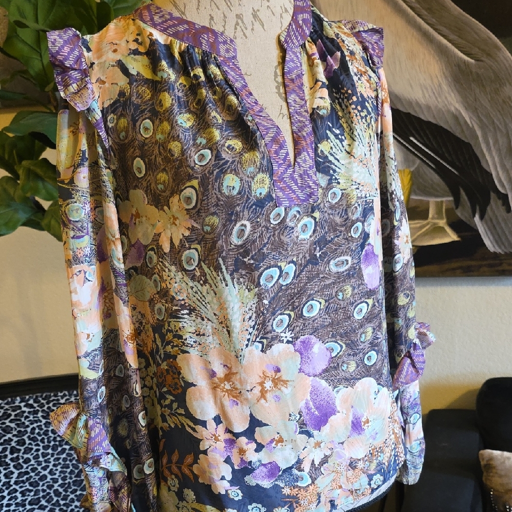 Anthropologie Current Air Purple and Blue Ruffled Long Sleeve Blouse
